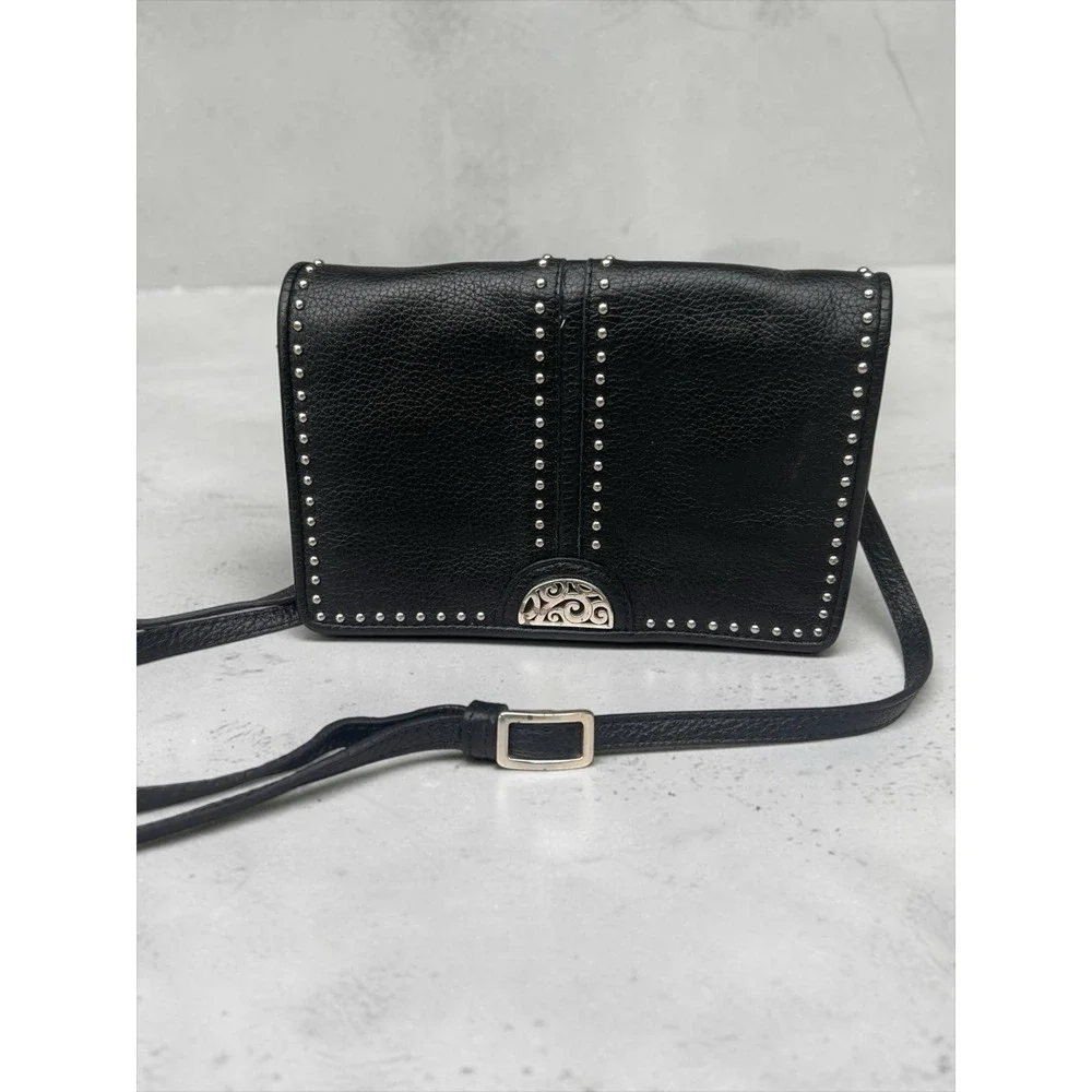 Brighton Pretty Tough Organizer Bag Black Leather Studded Bag Detachable Strap